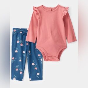 Carters Baby Girl Cotton Floral 2 Piece Pant Set Ruffle Top Size 12 Months